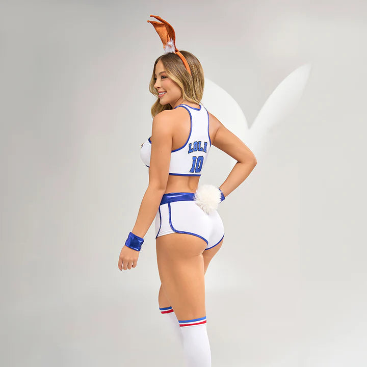 Parte trasera del disfraz de Lola Bunny mostrando detalles como la cola de peluche removible, top con número 10 y orejitas.