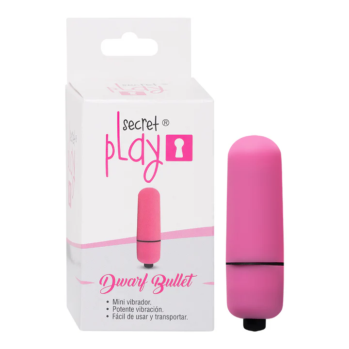 Vibrador Dwarf Bullet rosado junto a su caja Secret Play.