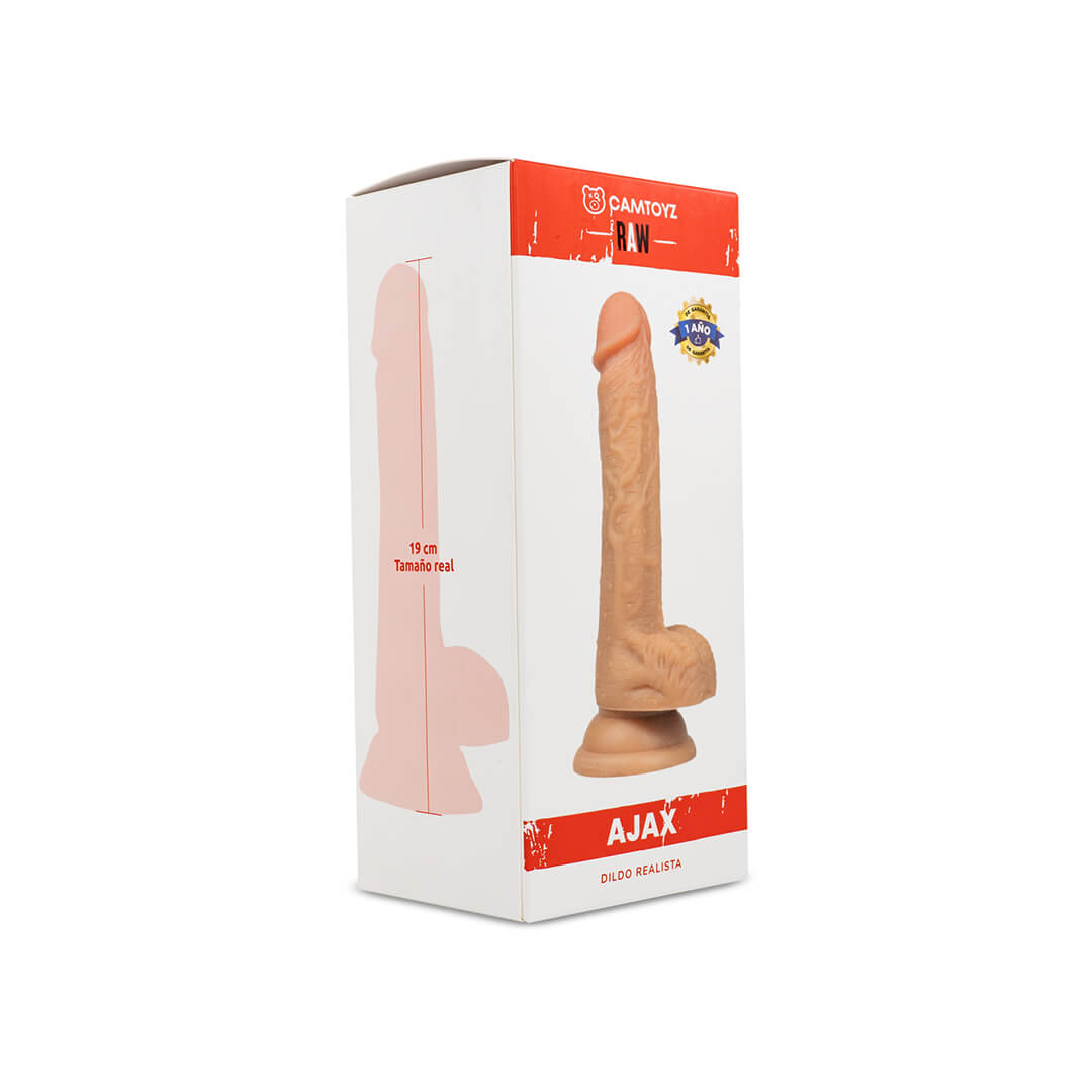 Empaque del dildo Ajax de Camtoyz con diseño realista y medida real de 19 cm