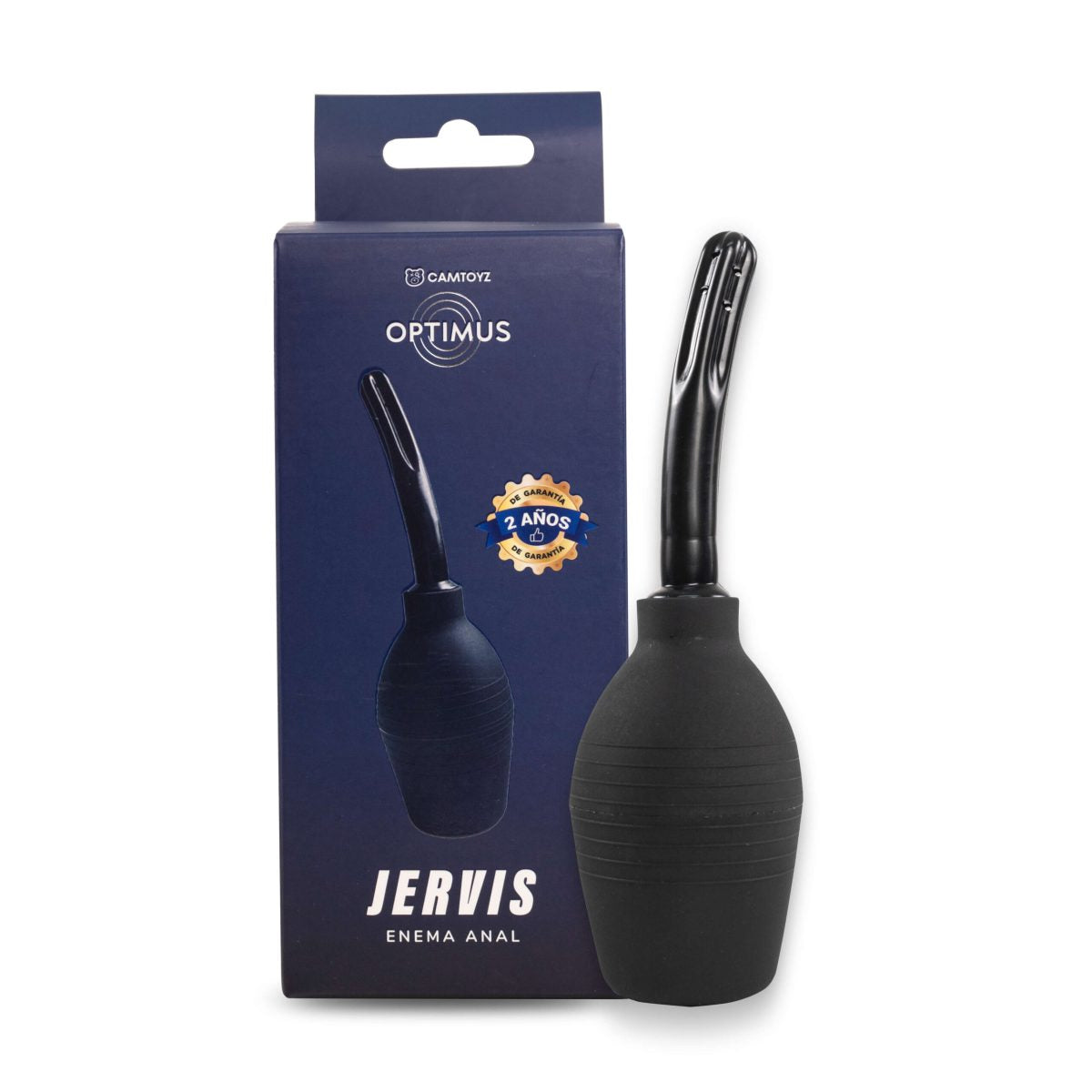 Enema Anal Jervis Optimus Camtoyz color negro junto a su caja