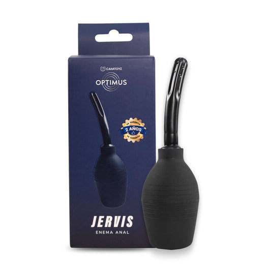 Enema Anal Jervis Optimus Camtoyz color negro junto a su caja