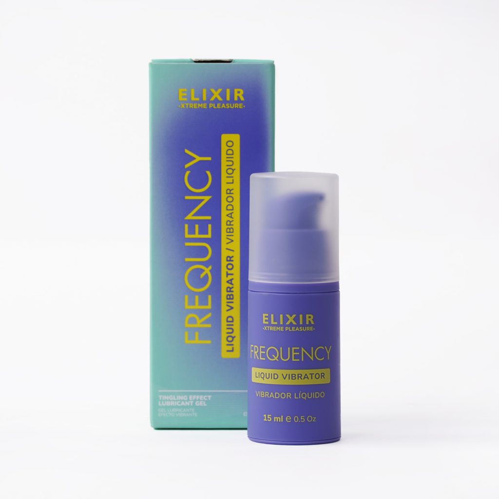 Frasco y caja del vibrador líquido Frequency de 15 ml, gel estimulante íntimo con base acuosa.