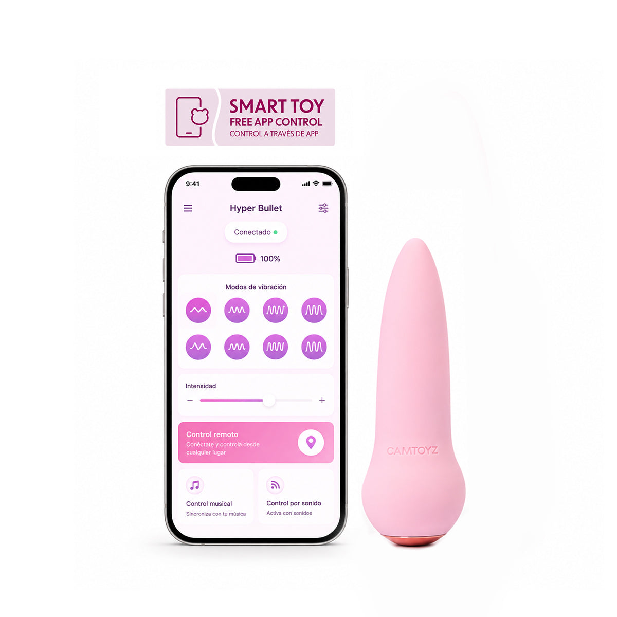 Parte posterior de la caja HyperBullet Camtoyz con sus 5 niveles de intensidad, estimulación del clítoris, silicona ultrasuave, carga USB-C e IPX7.