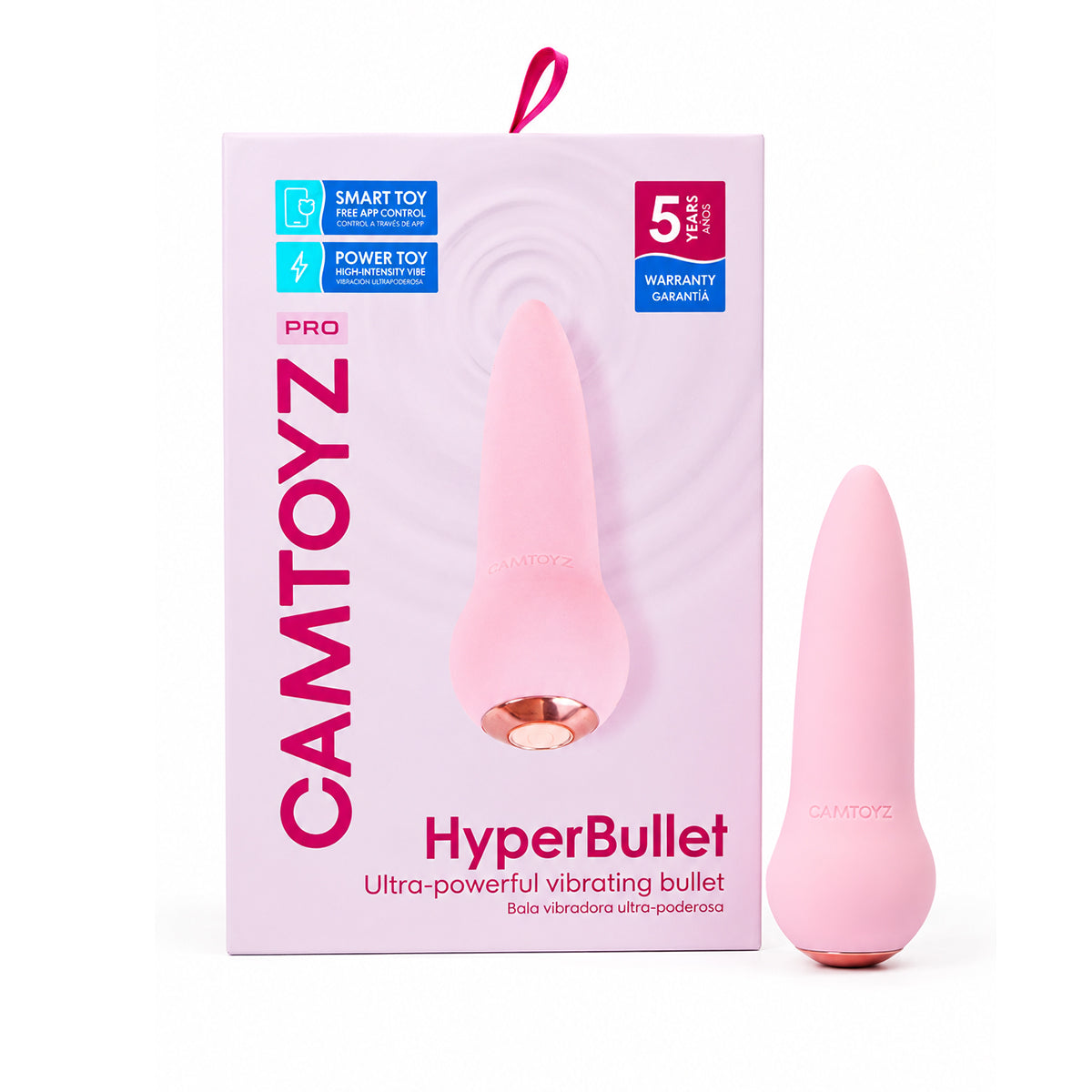 Caja frontal de HyperBullet Camtoyz, bala vibradora rosa de 10 cm con control por app, vibración potente y 5 años de garantía.