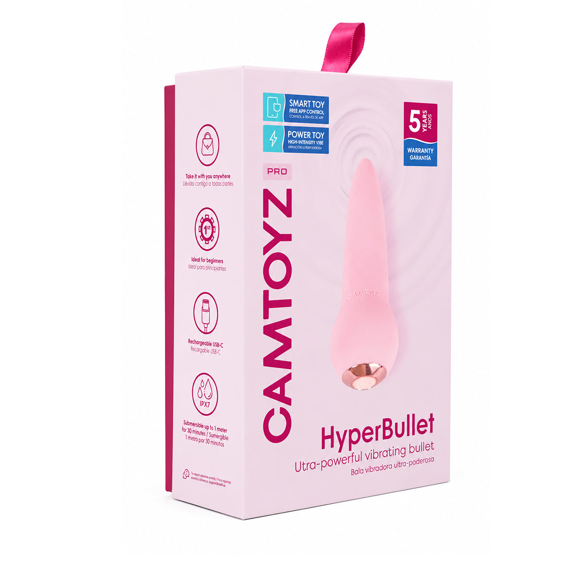 HyperBullet Camtoyz junto a un smartphone con interfaz de control por app para ajustar modos, intensidad y funciones interactivas.