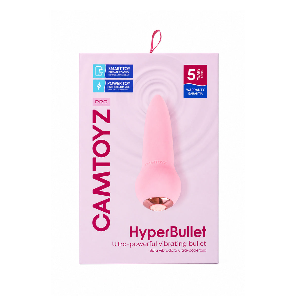 Empaque HyperBullet Camtoyz visto en perspectiva, bala vibradora con app, carga USB-C, resistencia al agua IPX7 y diseño para principiantes.