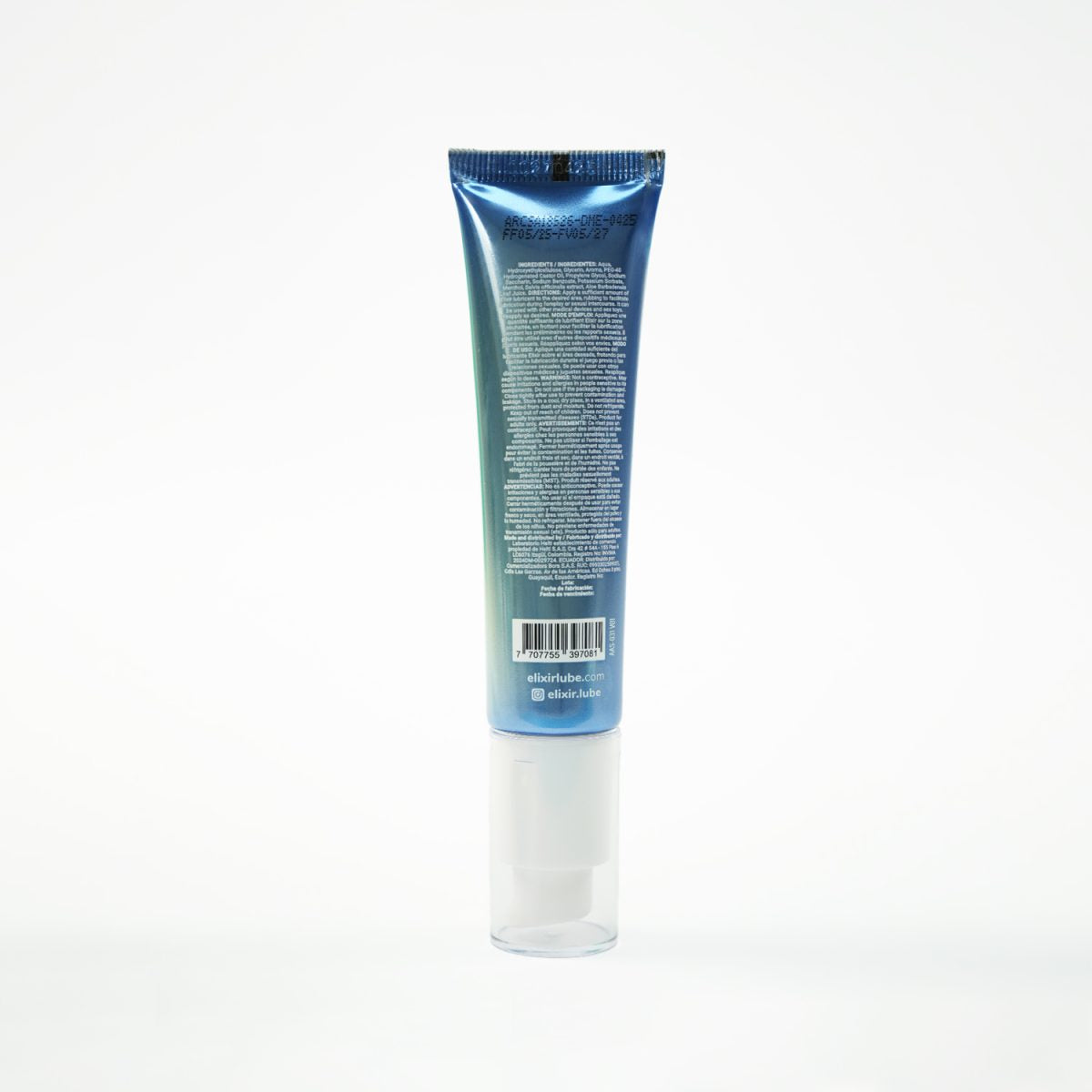 Parte trasera del lubricante íntimo Elixir Cool Sensation donde se detallan ingredientes e instrucciones de uso.