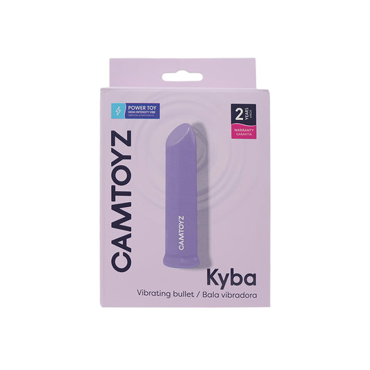 Caja de bala vibradora Kyba Camtoyz mostrando características como 7 modos de vibración y resistencia al agua IPX6