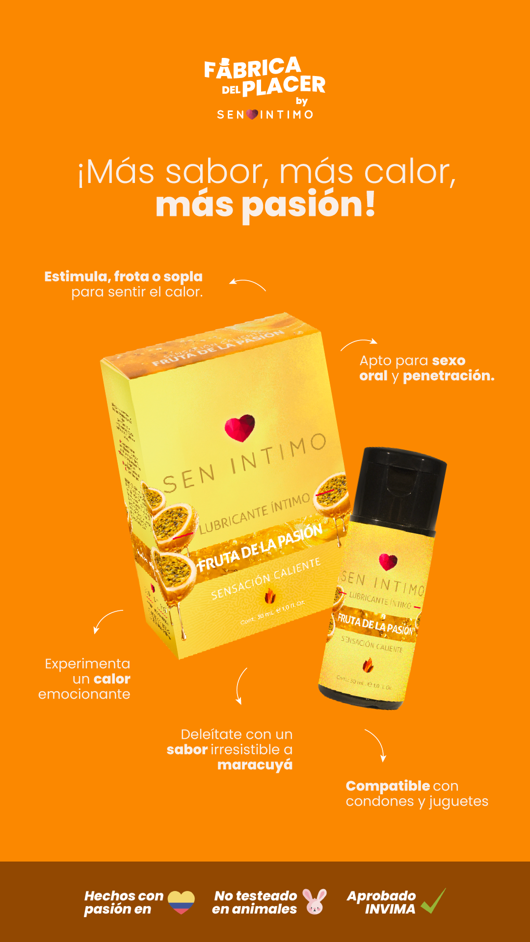 Caja y frasco del Lubricante Íntimo Fruta de la Pasión Sen Íntimo 30 ml con sensación caliente.