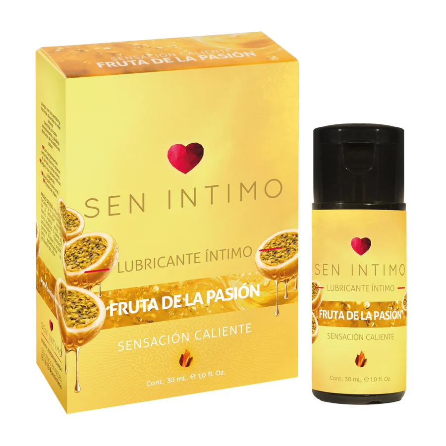Caja y frasco del Lubricante Íntimo Passion Fruit Caliente Sen Íntimo 30 ml con beneficios, sabor maracuyá y efecto calor.