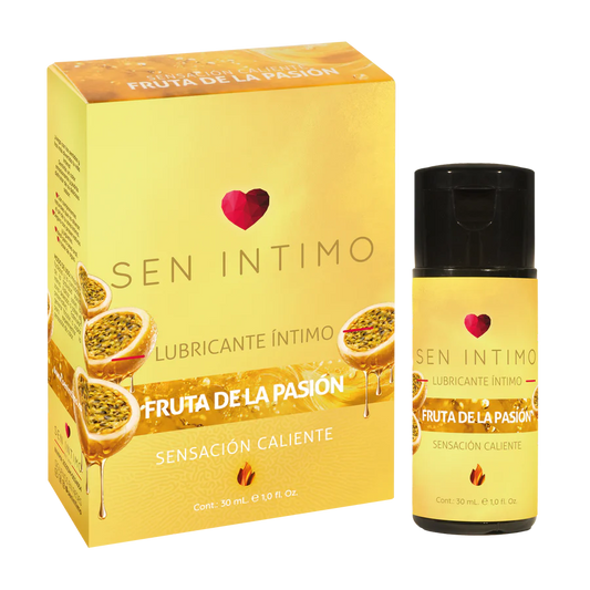Caja y frasco del Lubricante Íntimo Passion Fruit Caliente Sen Íntimo 30 ml con beneficios, sabor maracuyá y efecto calor.