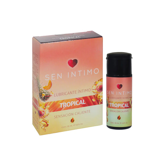 Caja y frasco del Lubricante Íntimo Tropical Sen Íntimo 30 ml con sensación caliente sobre fondo blanco.