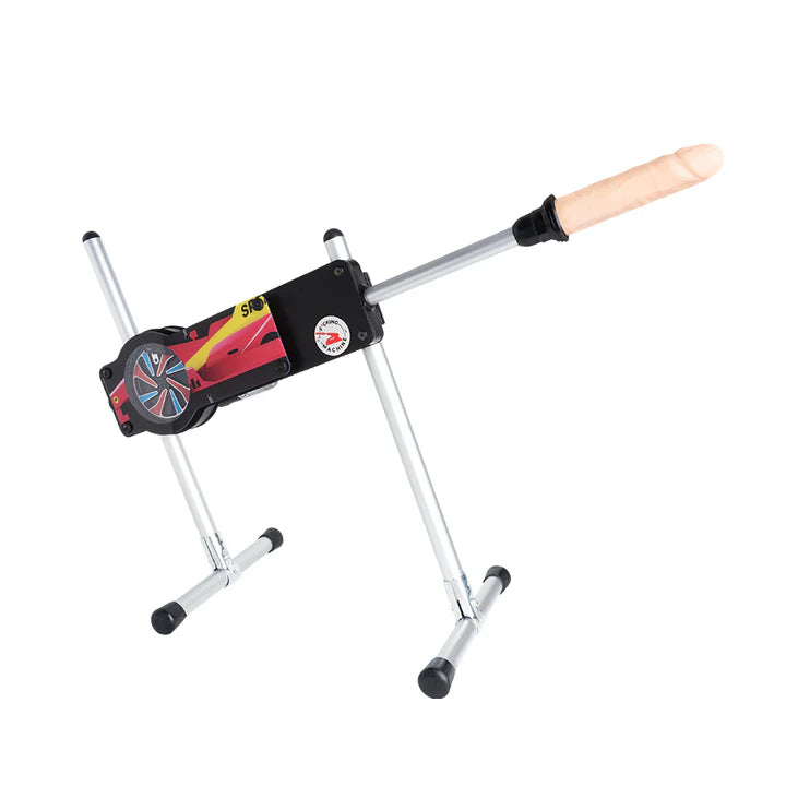 Máquina sexual Lust Sex Gun en posición frontal con diseño colorido y soporte metálico resistente.