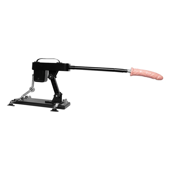 Máquina sexual Marvin Kit con dildo realista instalada sobre base negra con ventosas.