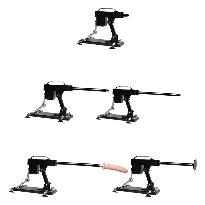 Diferentes posiciones y extensiones de la máquina sexual Marvin Kit sin y con dildo.