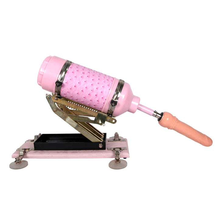 Máquina sexual Rosie color rosa con dildo realista y base de ventosas, ideal para penetraciones intensas y manos libres.