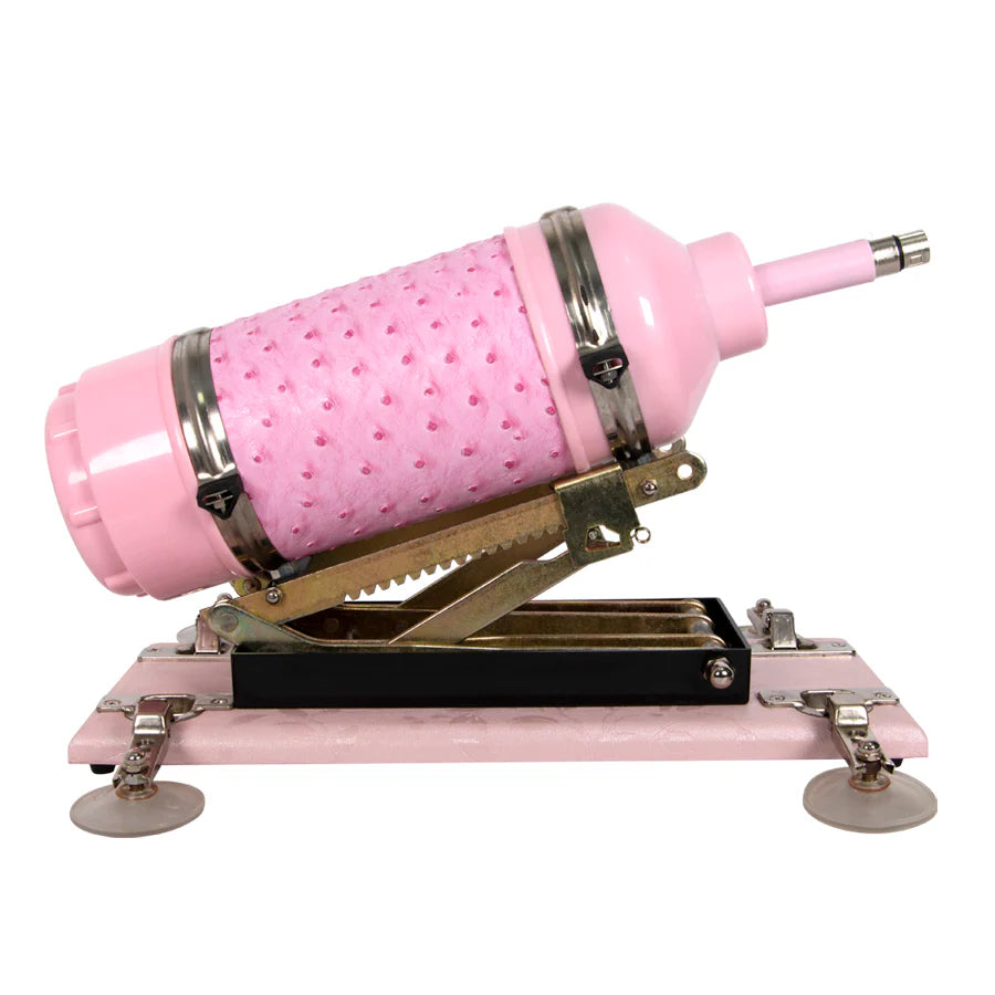 Máquina sexual Rosie color rosa sin dildo instalado, estructura de metal ajustable con ángulo de hasta 85 grados.
