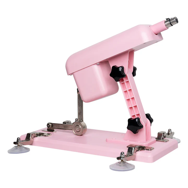 Máquina sexual Sonya en color rosa, estructura ajustable hasta 90° con base y ventosas para estabilidad.
