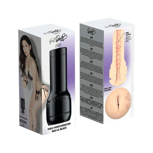  Empaque del masturbador masculino Feel Rae Lil Black by Kiiroo, con la imagen de la actriz y el diseño del producto. Se muestra la funda interna y su textura.