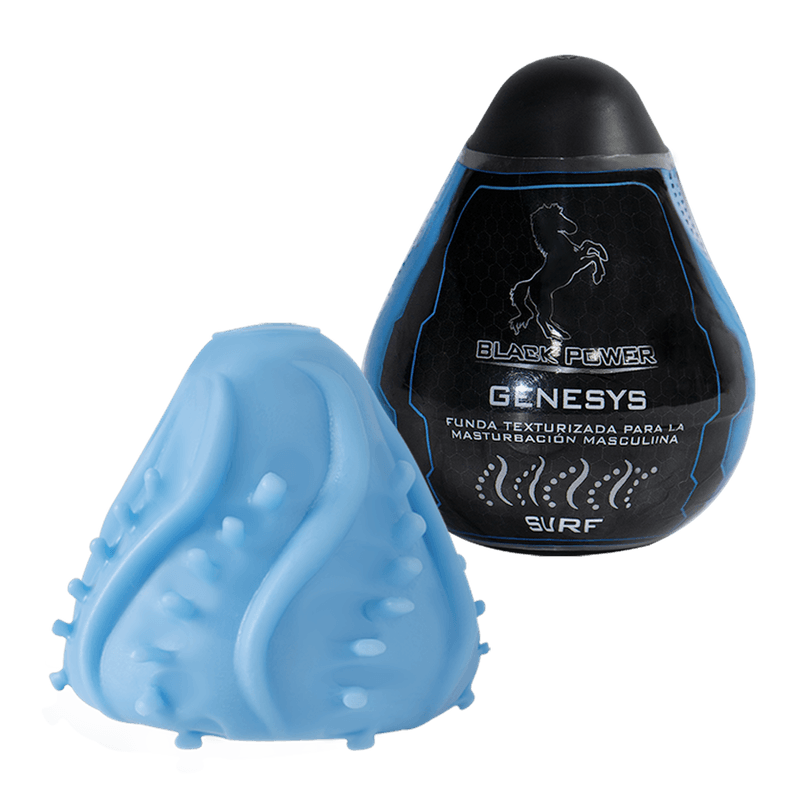Masturbador Genesys Surf junto a su empaque. Diseño en forma de huevo con textura interna de ondas y nódulos estimulantes.