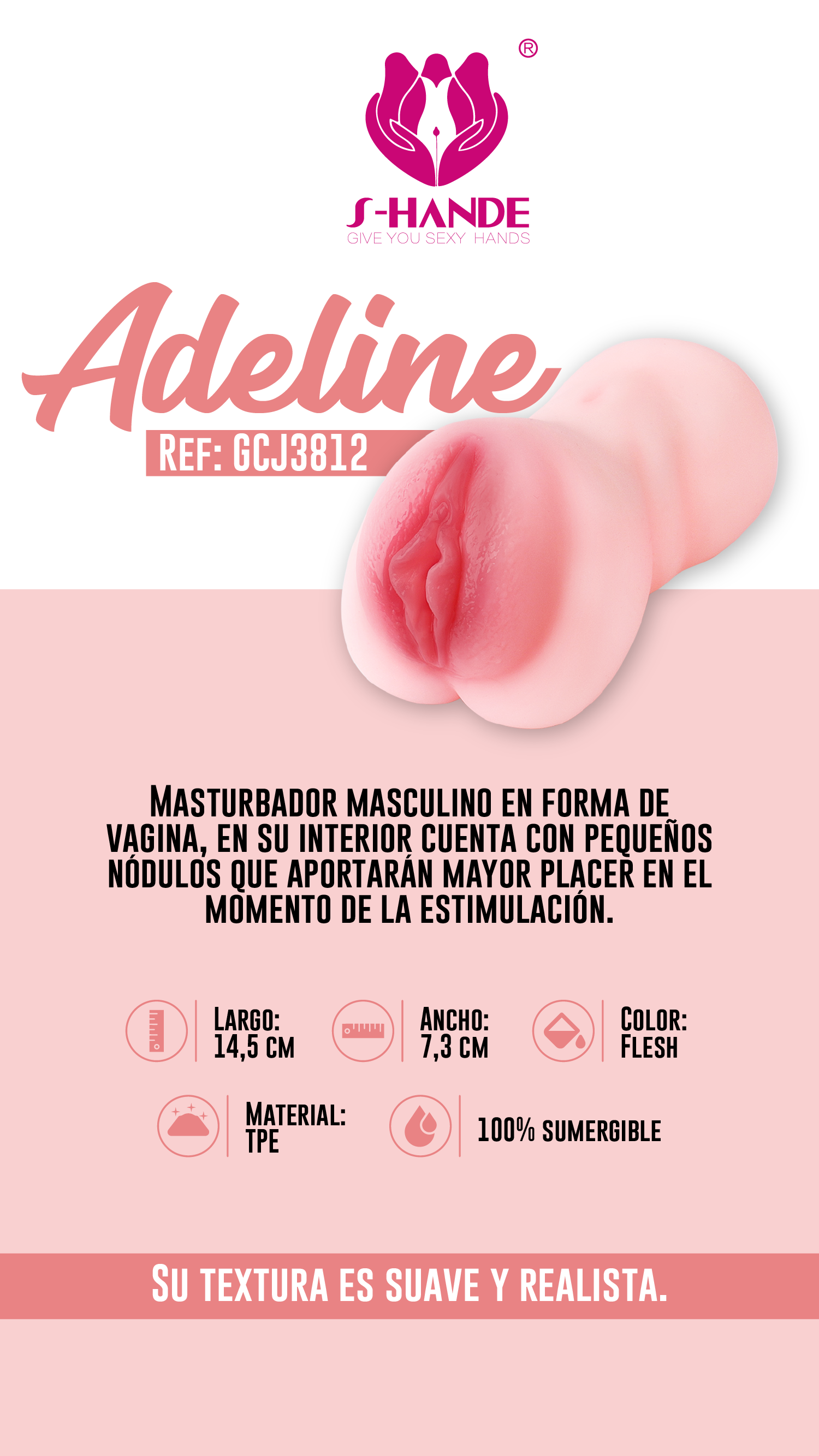 Infografía del producto bajo la marca "Adeline", con especificaciones detalladas como tamaño, material y características principales.