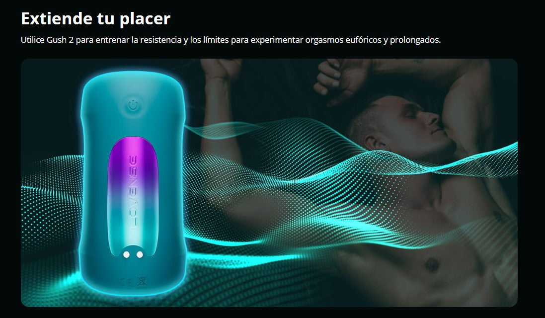 Lovense Gush 2 iluminado con efectos visuales en un ambiente erótico, destacando su función de entrenamiento de resistencia.
