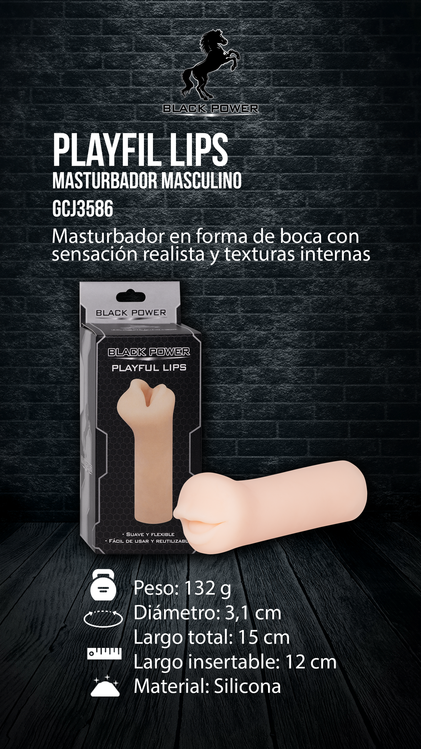 Ficha técnica del masturbador masculino Playful Lips. Información sobre tamaño, peso, material y características destacadas del producto.