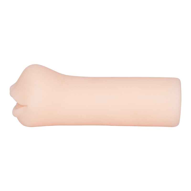 Vista lateral del masturbador labios juguetones. Diseño compacto de 15 cm con estructura flexible y material suave al tacto.