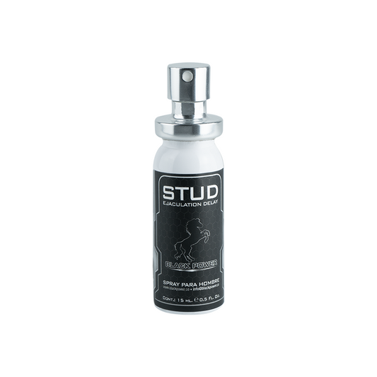 Frasco de 15 ml del retardante íntimo Stud Spray Black Power, formato spray para fácil aplicación.