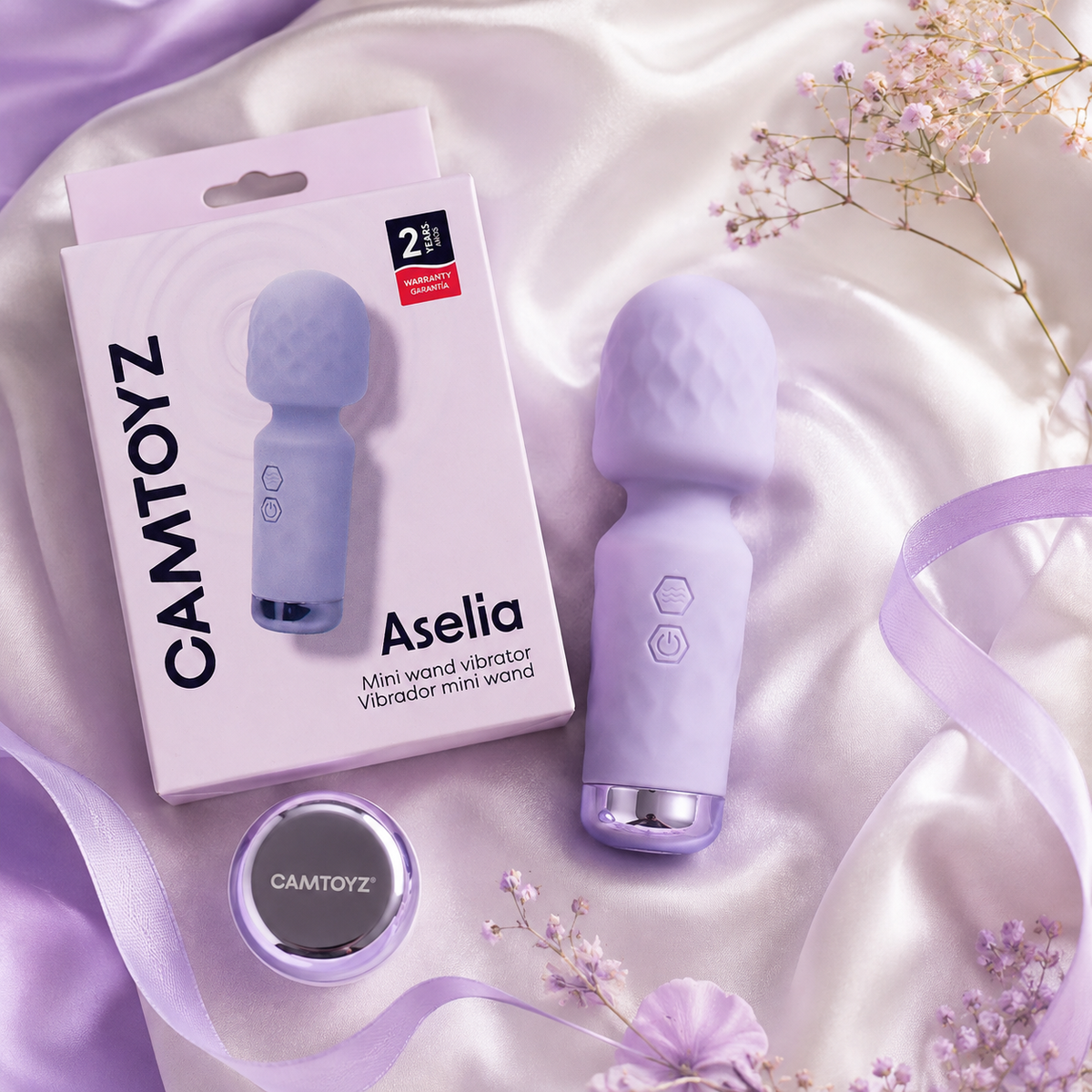 Vibrador Aselia Majestic morado CamToyz de 11,5 cm con cabezal texturizado y controles frontales