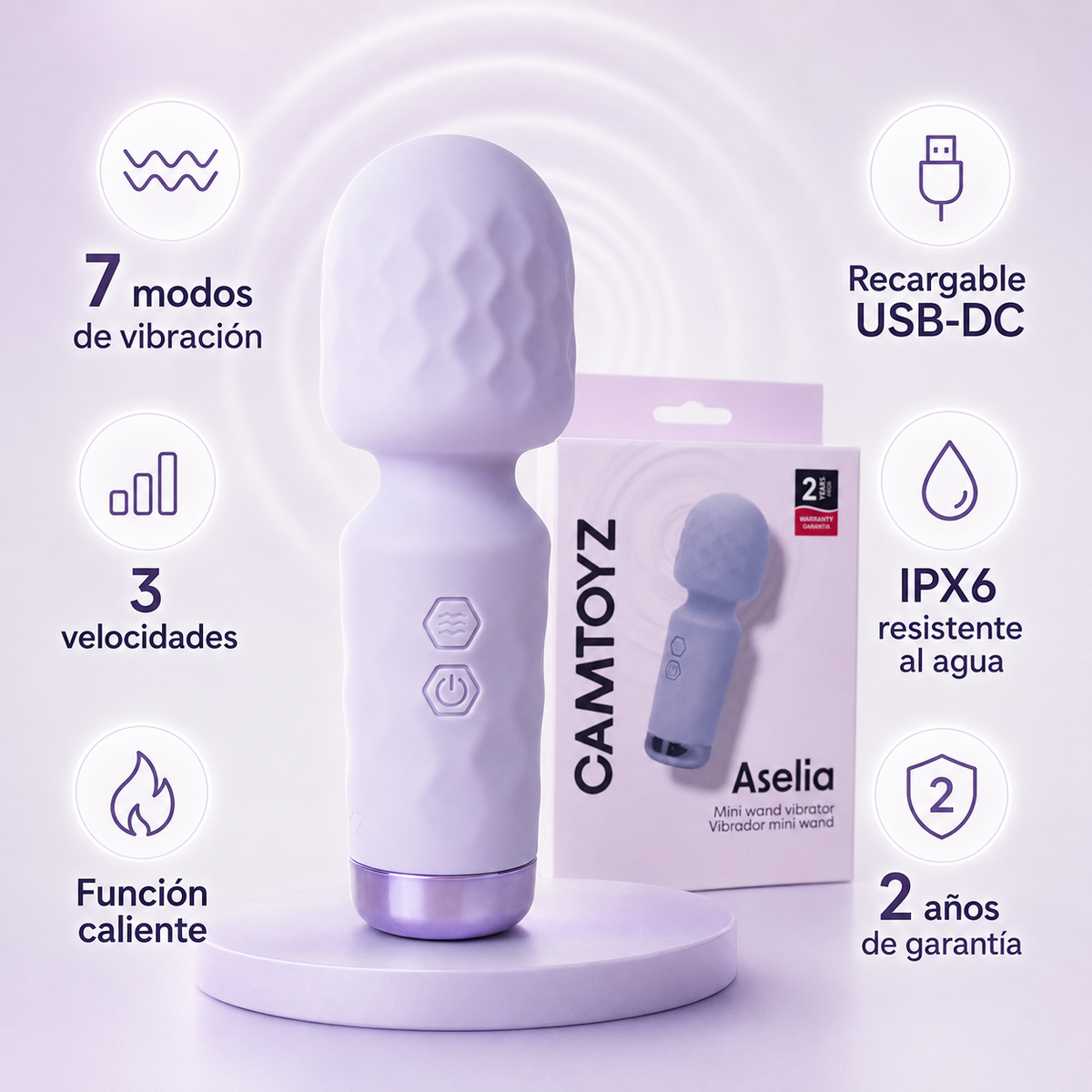 Vibrador Aselia Majestic morado junto a su empaque CamToyz, diseño mini wand compacto