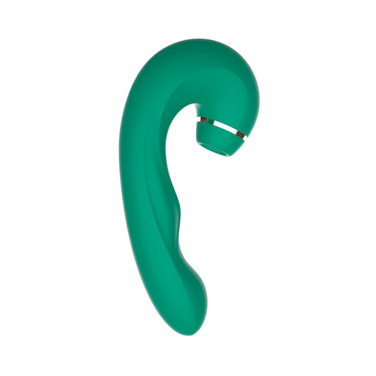 Vibrador doble estimulador Siren Green en silicona verde con diseño curvo para estimulación interna y clitorial