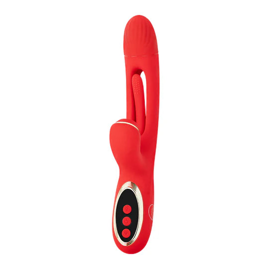 Perspectiva angular del Vibrador G-Spot Hit resaltando los botones de control, textura del cabezal y estimulador clitorial.