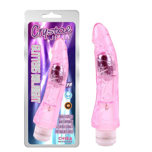 Empaque y vibrador clásico Glitters Mr Right de la marca Chisa Novelties color rosa.