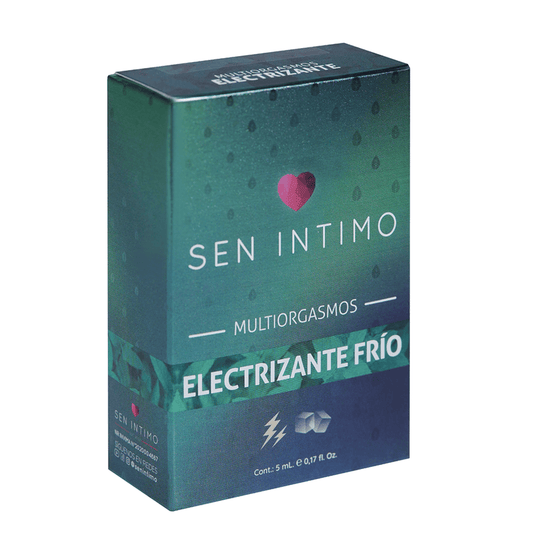 Caja del vibrador líquido electrizante frío Sen Íntimo de 5 ml con descripción de sus beneficios. Ideal para intensificar el placer con una sensación fría y vibrante.