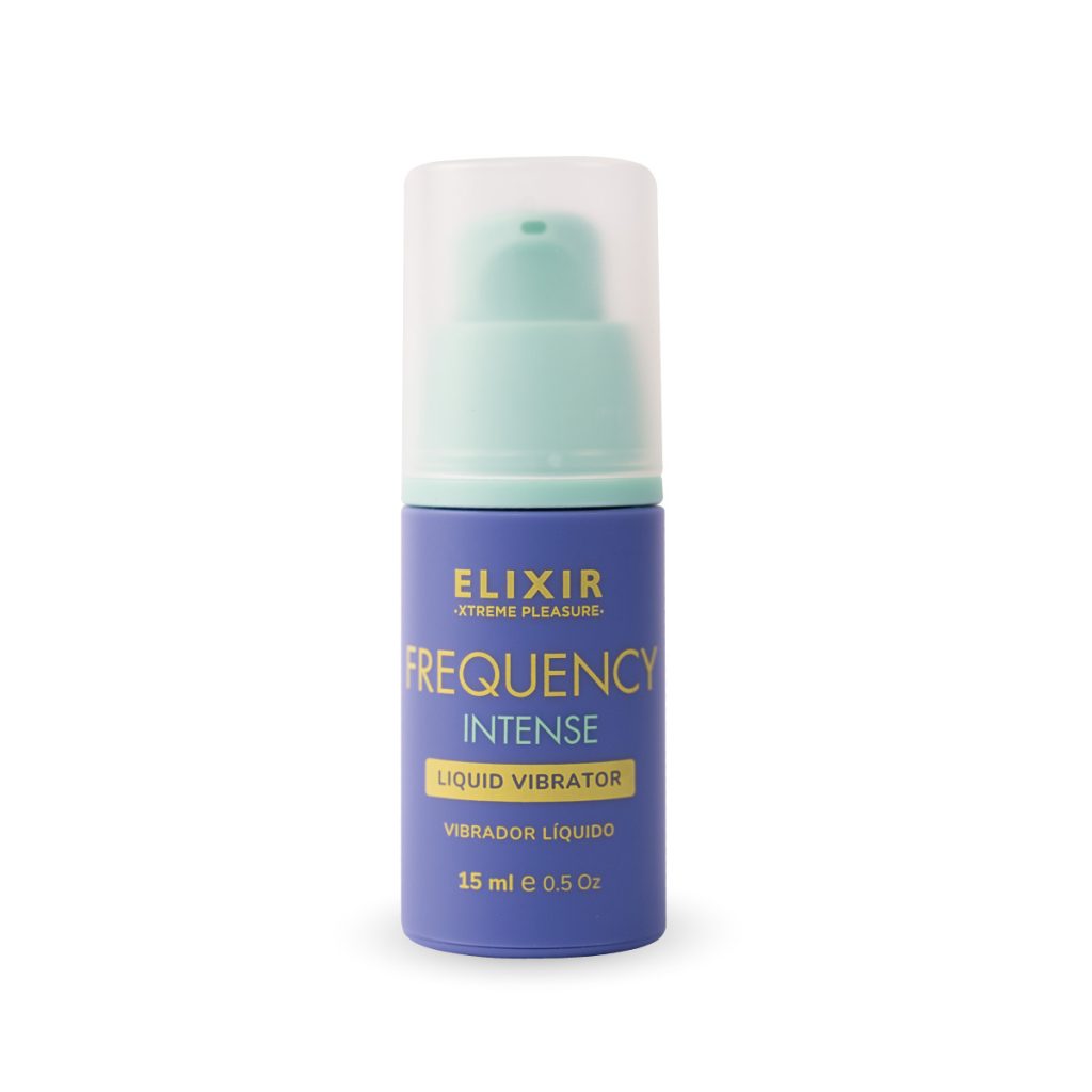 Frasco cerrado de Frequency Intense, vibrador líquido de 15 ml, ideal para juegos en pareja o placer individual.