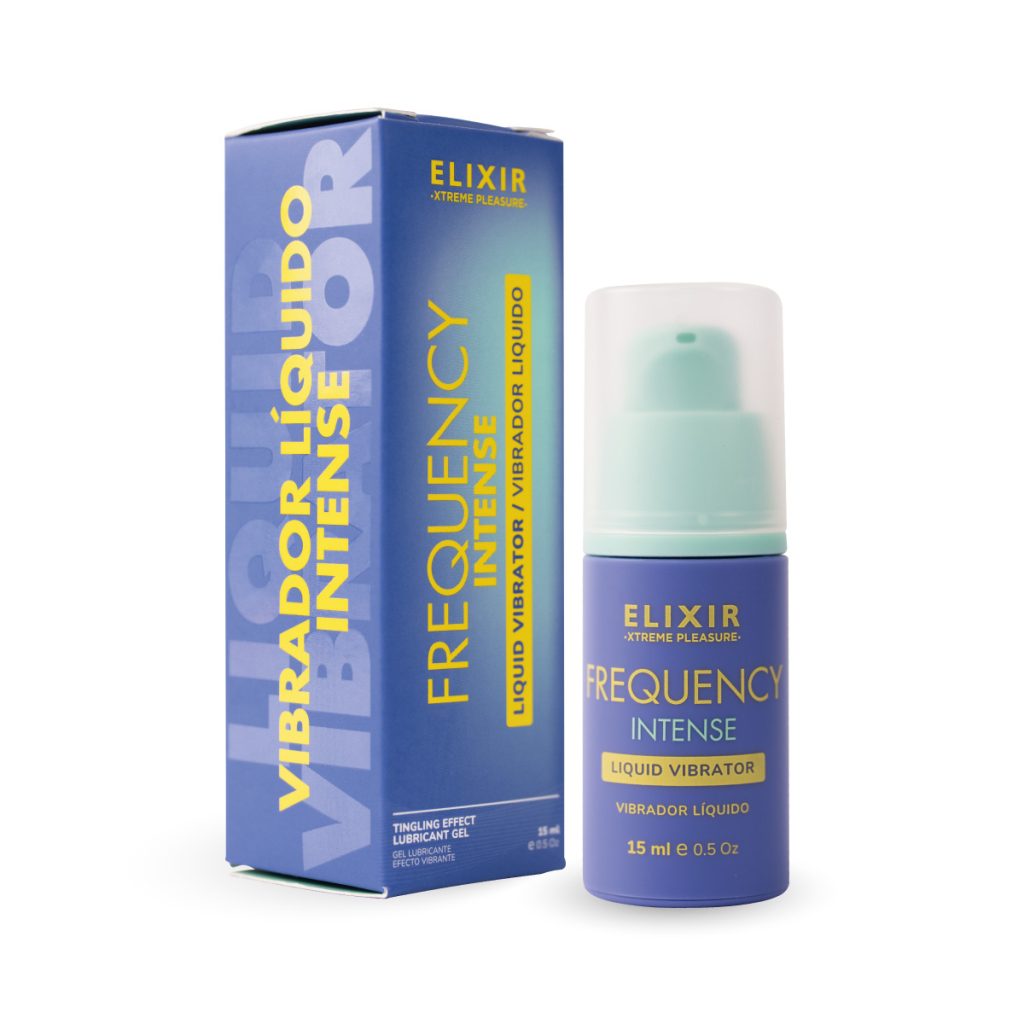 Vibrador líquido Frequency Intense de 15 ml con su caja, diseño moderno en tonos azul y verde, ideal para estimulación sensorial intensa.
