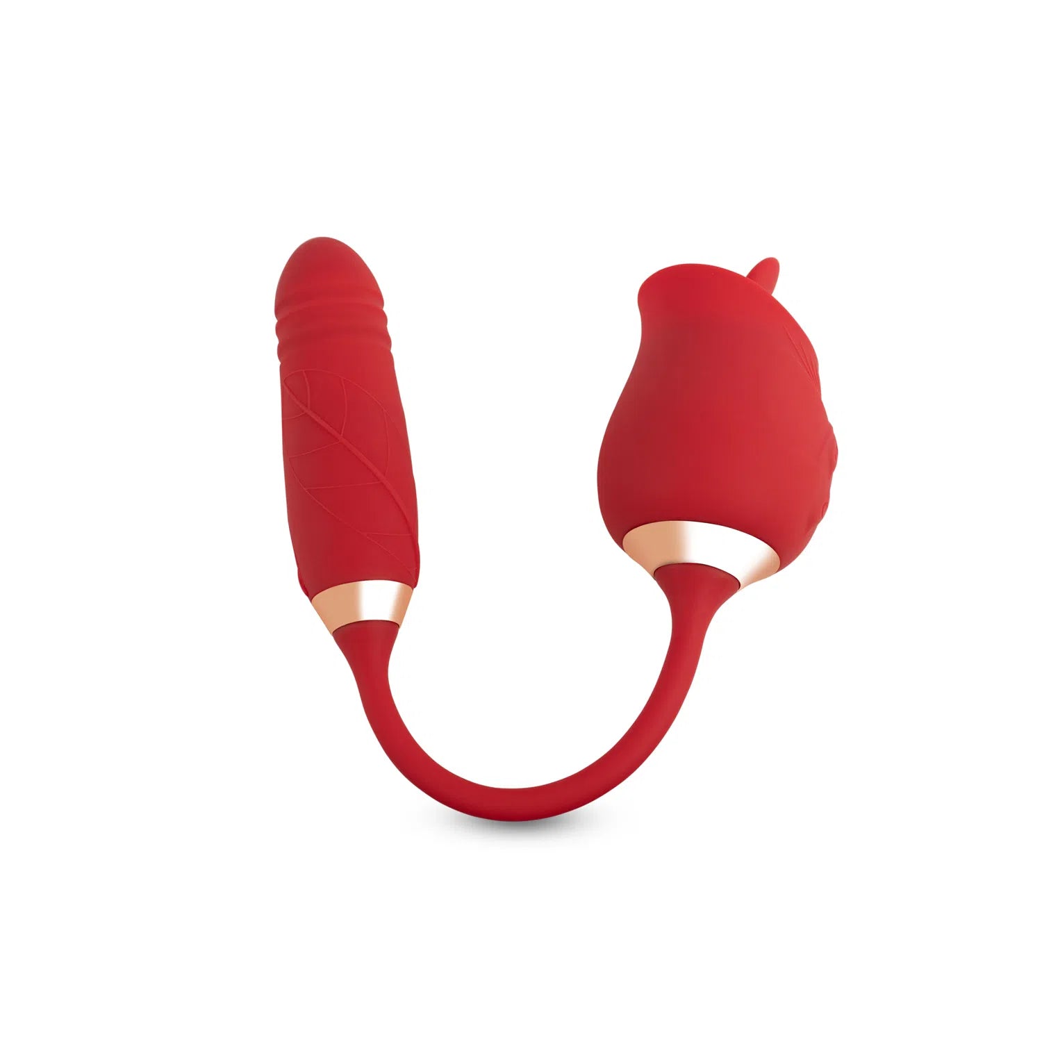 Detalle del extremo en forma de rosa del vibrador Lotus, diseñado para simulación oral, en silicona roja con detalles suaves y botones de control en la base