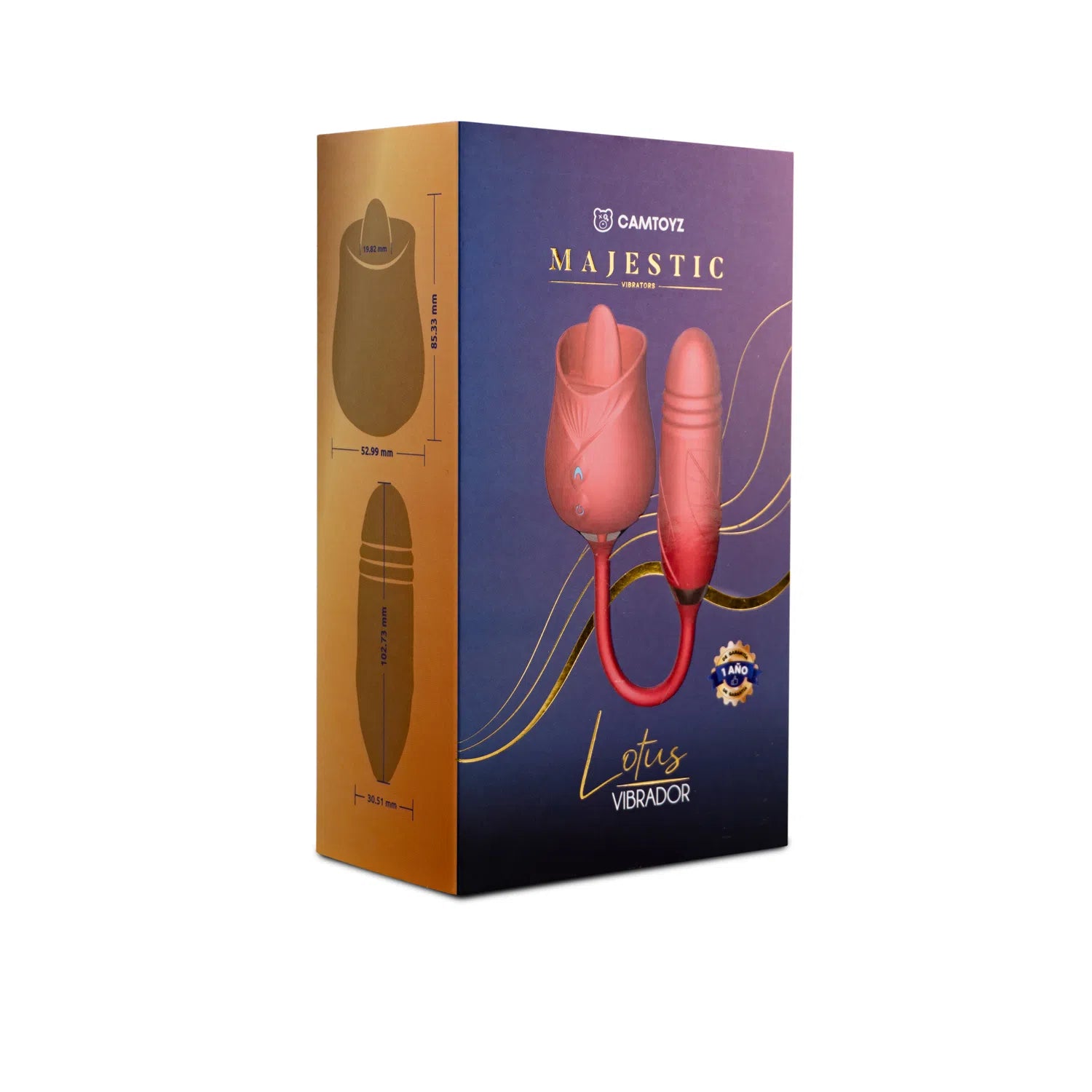 Lado de la caja del vibrador Lotus mostrando dimensiones detalladas del producto en una gráfica comparativa, enfatizando la longitud y el diseño ergonómico del vibrador