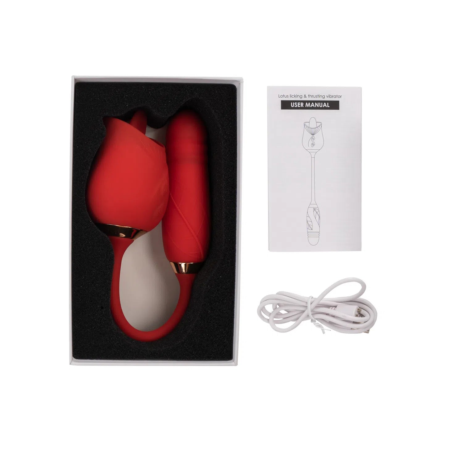 vibrador flor de loto en la caja de empaque en su interior y al lado mostrando instruciones del juguete y el  cargar de carga magnetica del kit 