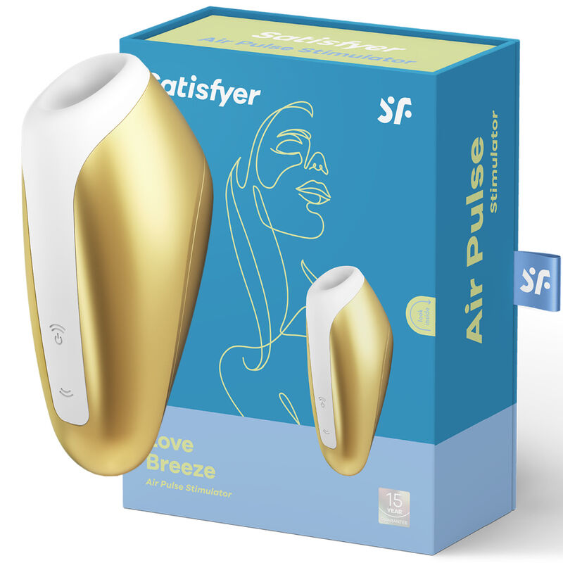 Imagen de la caja del Satisfyer Love Breeze en color dorado. La caja tiene un diseño elegante y presenta el dispositivo en su interior.