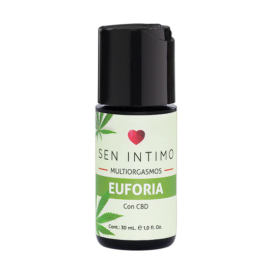 Frasco de lubricante íntimo Multiorgasmos Euforia Sen Intimo con CBD, en presentación de 30 ml. Diseñado para intensificar el placer y la lubricación durante los encuentros íntimos.
